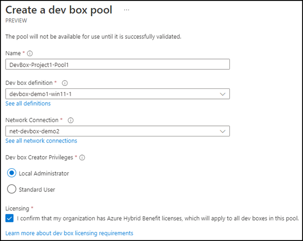 Neuen Dev Box Project Pool erstellen