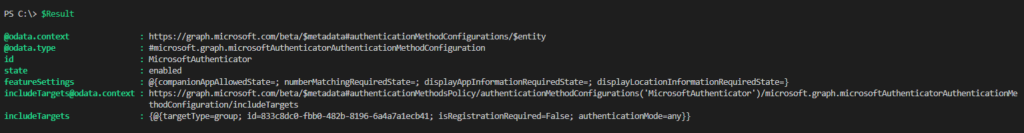 Aktuelle Authentication Policy mit dem Property featureSettings