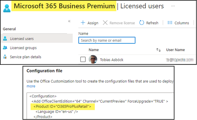 Test 3 mit M365 Business Premium Lizenz und O365ProPlusRetail ProductID