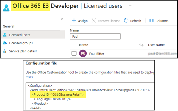 Test 3 mit Office 365 E3 Lizen und O365BusinessRetail ProductID