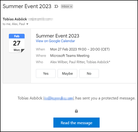 Verschlüsselte Einladung an Gmail Konto