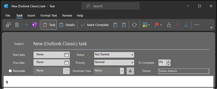 Neue Aufgabe in Outlook für Windows über klassische Outlook Aufgaben