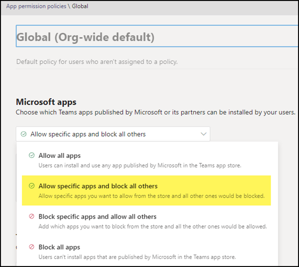 Strikte Teams App Permission Policy für Microsoft Apps