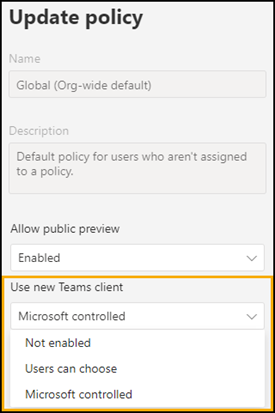 Neue Optionen in Teams Update Policy