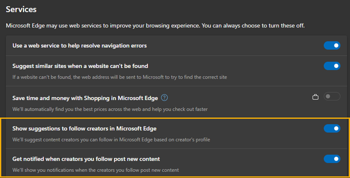 Follow Creators in Edge mit persönlichen Microsoft Konto