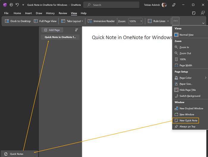 Schnellnotizen in OneNote für Windows