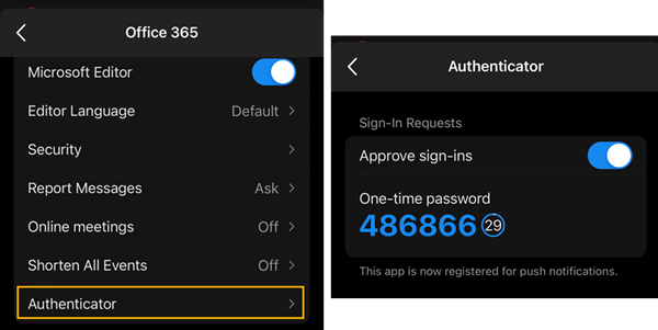 Authenticator Lite in Outlook Mobile App