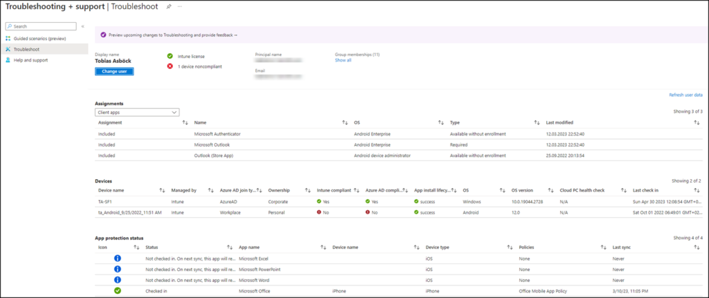 Aktuelles Intune Troubleshoot Dashboard