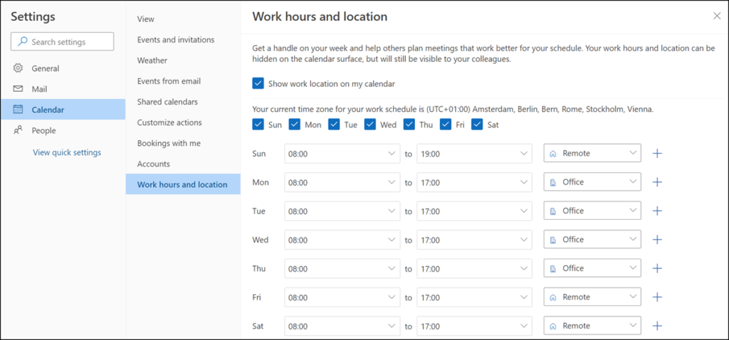 Work hours and location in Outlook im Web