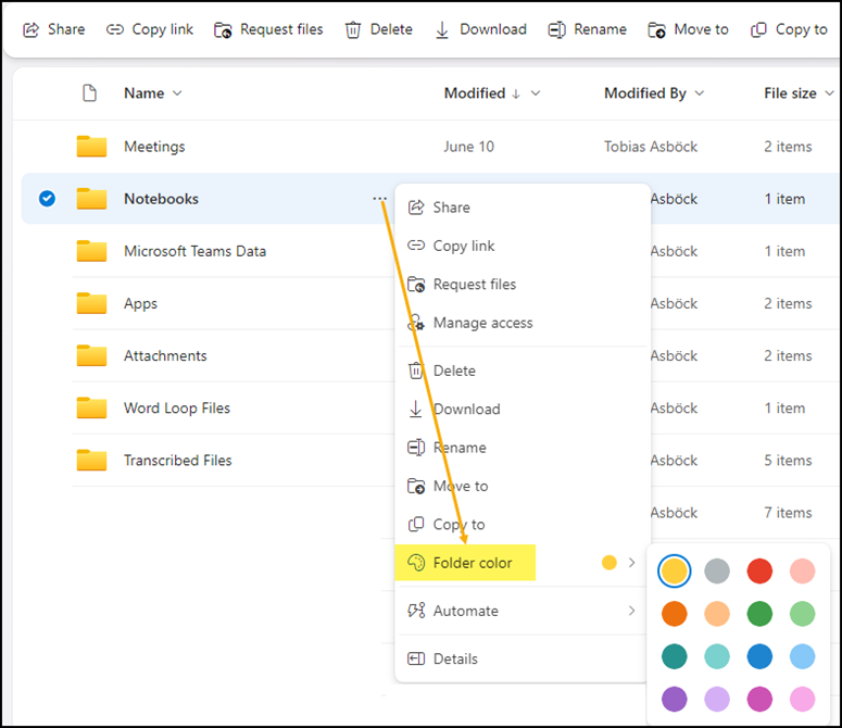 Alternative Farben für Ordner in OneDrive im Web