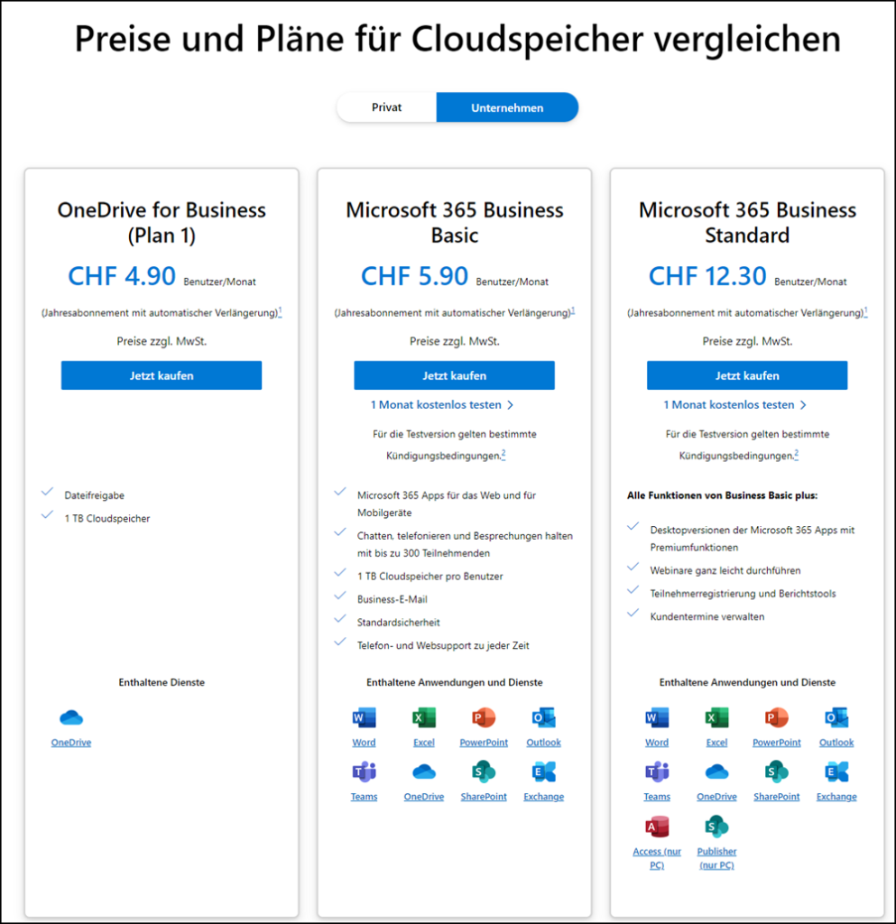 Neue Produktseite über OneDrive für Geschäftskunden