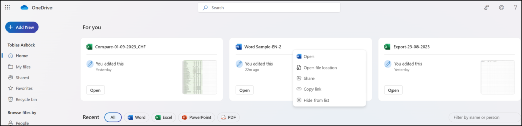 Empfohlene Dateien in OneDrive Home