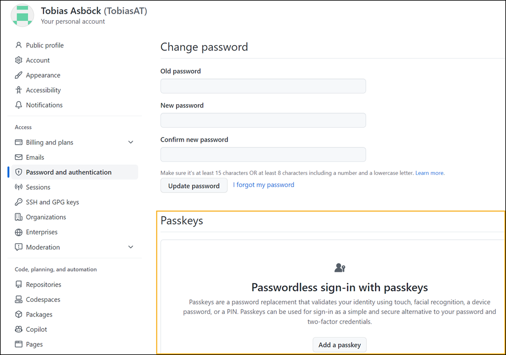 Passkey in GitHub