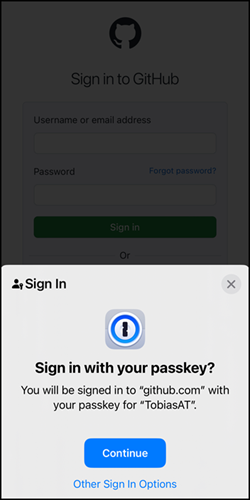 Anmeldung über Passkey in Safari (mit 1Password App)
