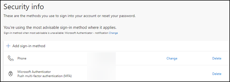 Security Info nach der Konfiguration von Microsoft Authenticator