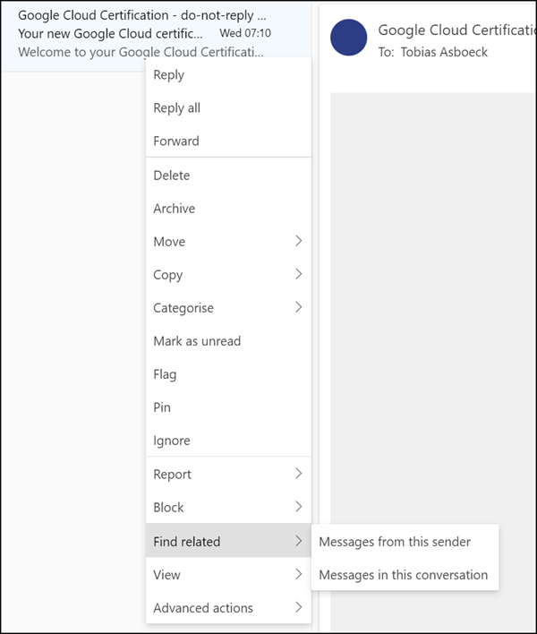 Find related in Outlook im Web