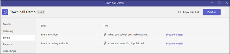 E-Mails für geplantes Town hall Event (ohne Teams Premium)