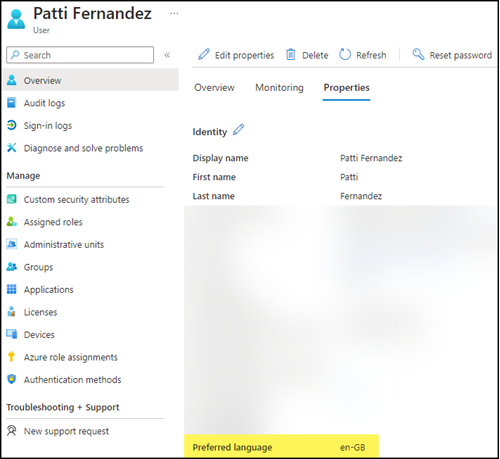 preferredLanguage in Entra ID Konto