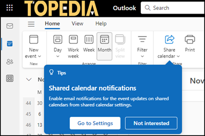 Benachrichtigungen für geteilte Kalender in Outlook