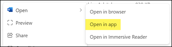 "Open in app" for Word file