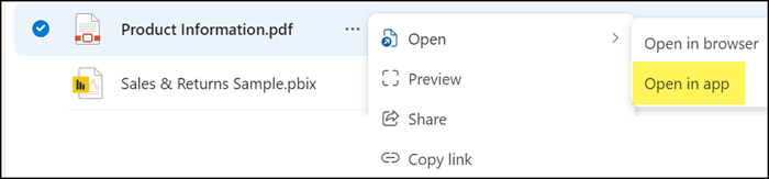 "Open in app" for PDF and Power BI files