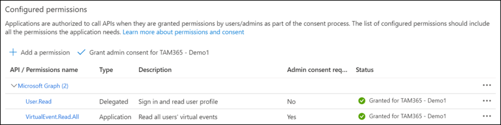 Permission for the app registration