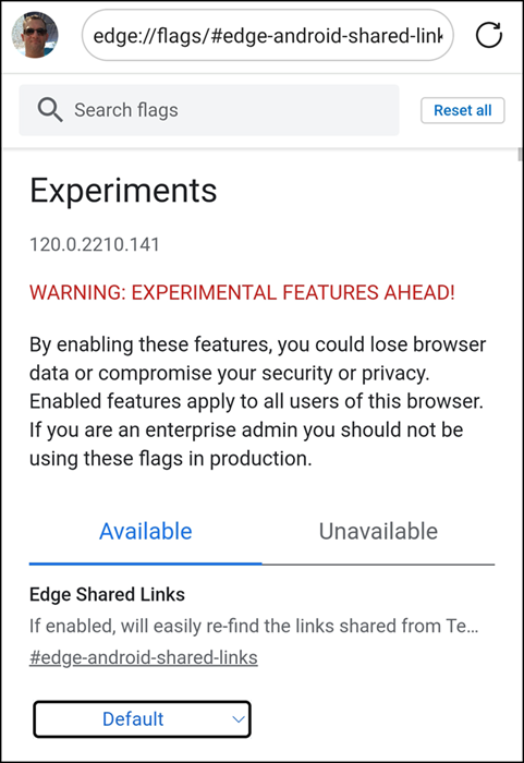 Shared Links in Edge für Android aktivieren