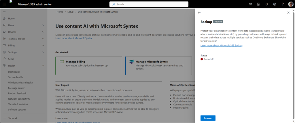 Microsoft 365 Backup im M365 Admin Center aktivieren