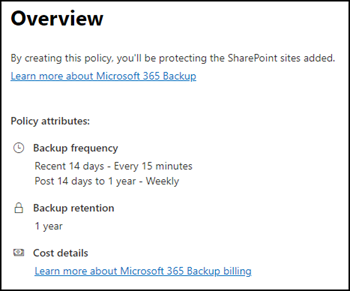 Vorgegebene Backup Attribute für SharePoint, OneDrive und Exchange