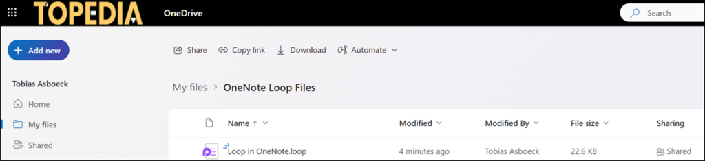 Neue Loop Komponente wird im OneDrive gespeichert