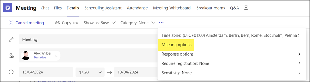 Meeting Optionen bearbeiten, bevor ein Meeting startet (öffnet es in Teams im Web)
