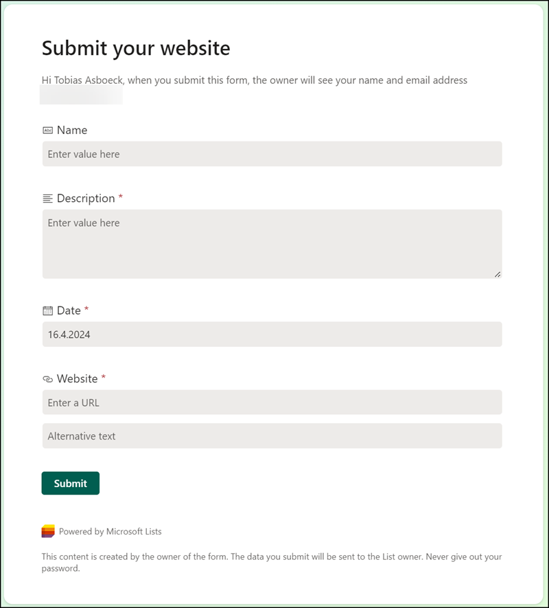 Customized form for internal accounts