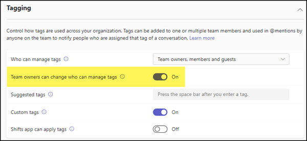Tagging settings in the Teams Admin Center