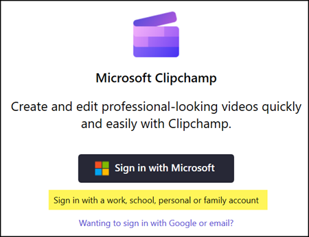 Clipchamp für Windows unterstützt Anmeldung mit Geschäftskonto