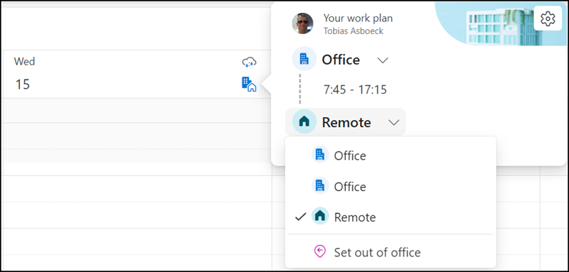 Neue Erfahrung für Arbeitzeiten und Arbeitsort in Outlook im Web