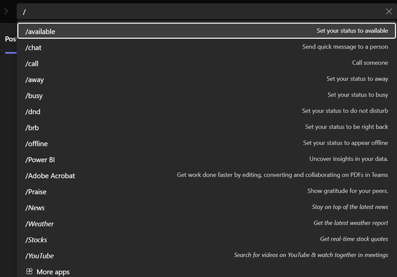 Slash Commands in Teams Suche