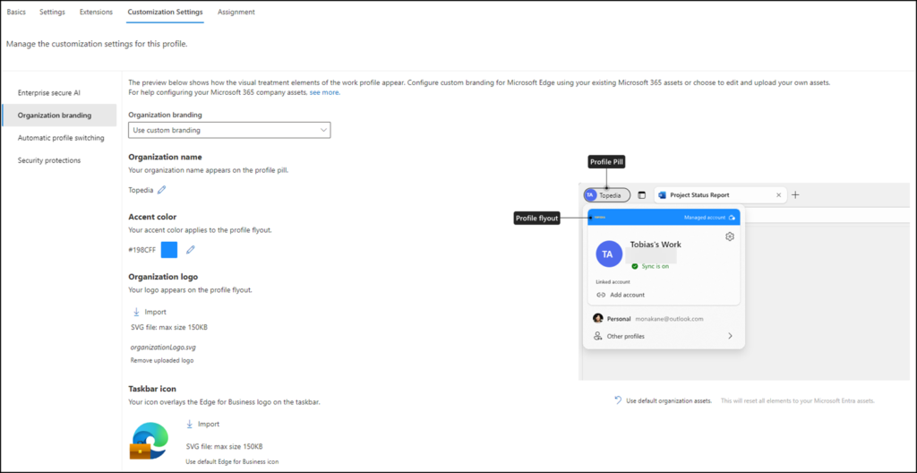 Organization branding in Edge for Business