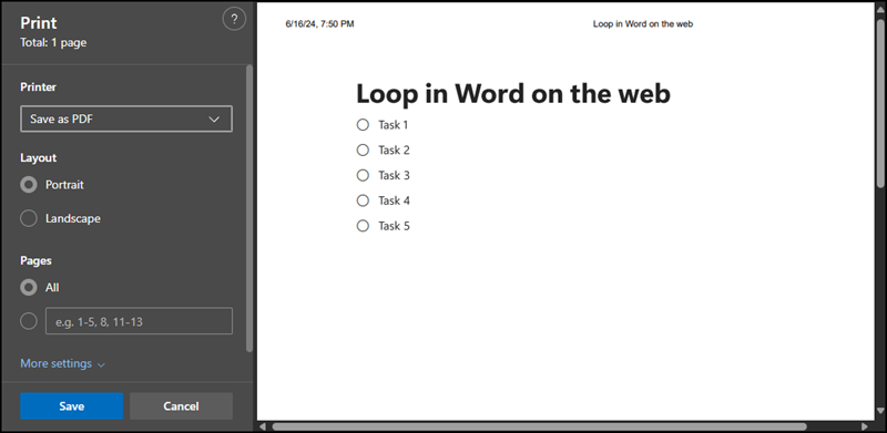 Loop Komponente drucken oder als PDF abspeichern