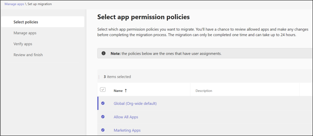 Zu migrierende App Permission Policies auswählen