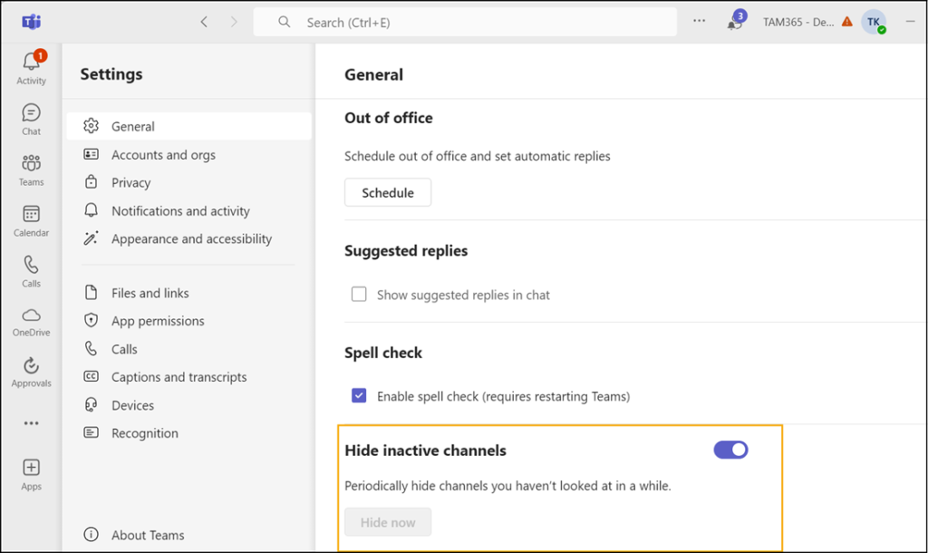 Ausblenden von inaktiven Teams Kanäle deaktivieren