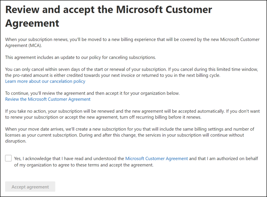 Zustimmung zum neuen Microsoft Customer Agreement 