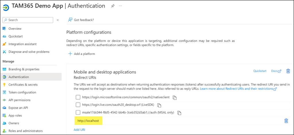 Redirect URI in Azure App Registration ergänzen (nur für Interactive-Anmeldungen)