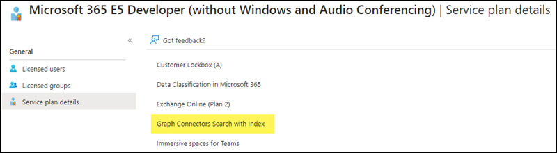 Neuer Serviceplan "Graph Connectors Search with Index" wird ergänzt