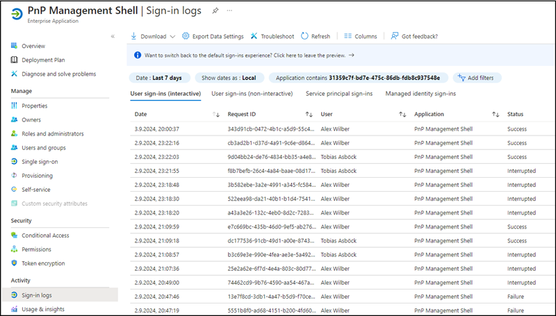 Sign-in Logs der PnP PowerShell App