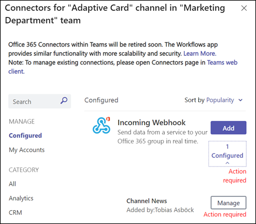 Aktualisierung für Incoming Webhook Connector erforderlich