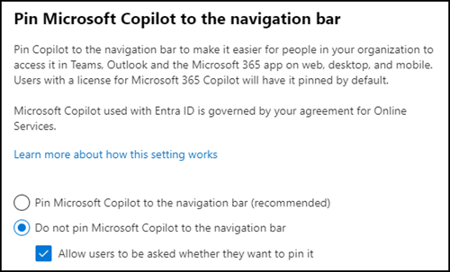 "Pin Copilot" im M365 Admin Center