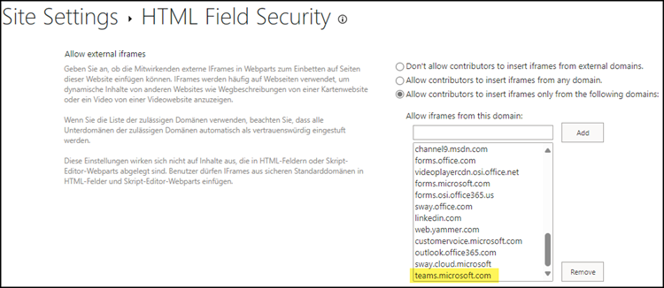 teams.microsoft.com in HTML Field Security ergänzen