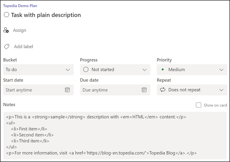 Planner Task mit Beschreibung in Plaintext