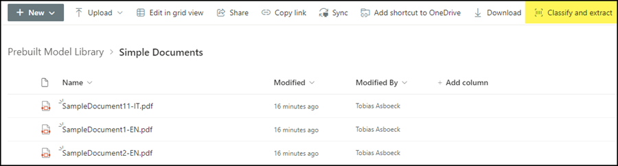 "Classify and extract" signalisiert die Ablage nutzt ein Syntex Modell