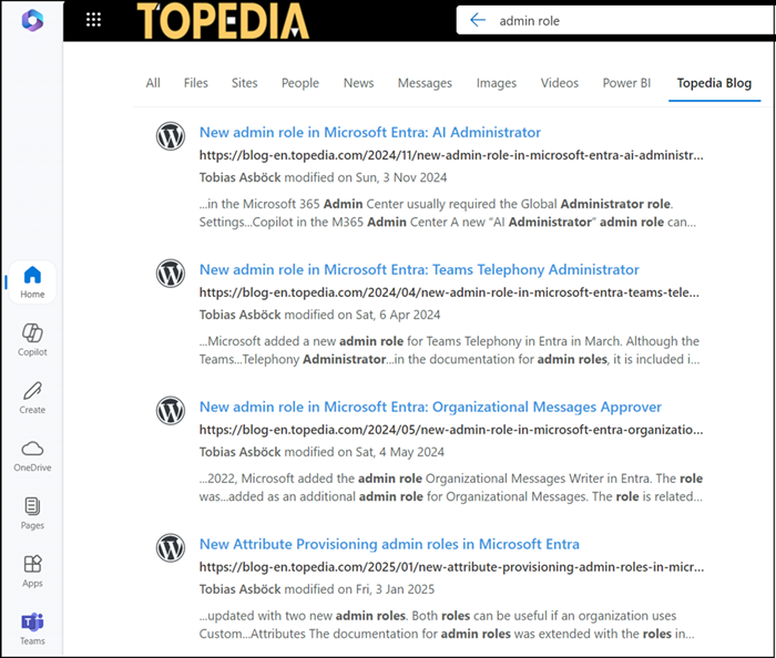 WordPress Beiträge in Microsoft Search